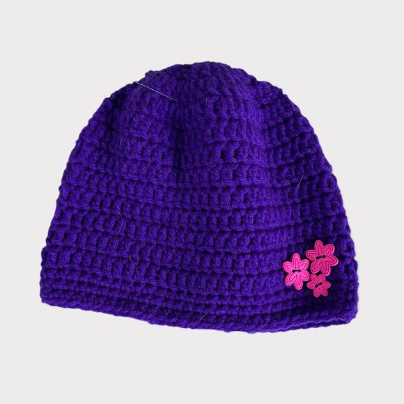 Hand Knit Crochet Girls Hat Purple with Pink Flower Buttons - Picture 1 of 8